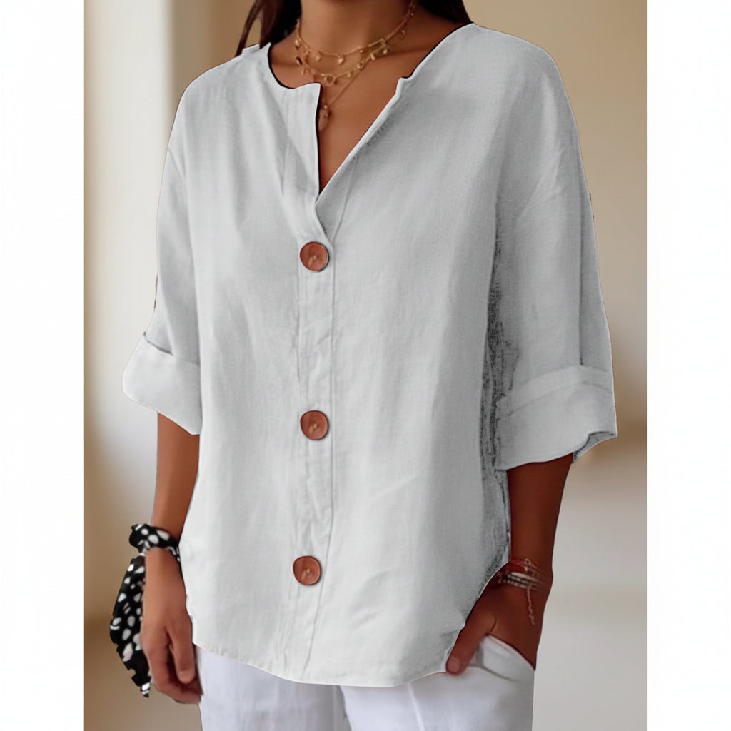 Women's V-neck cotton and linen buttoned blouse 