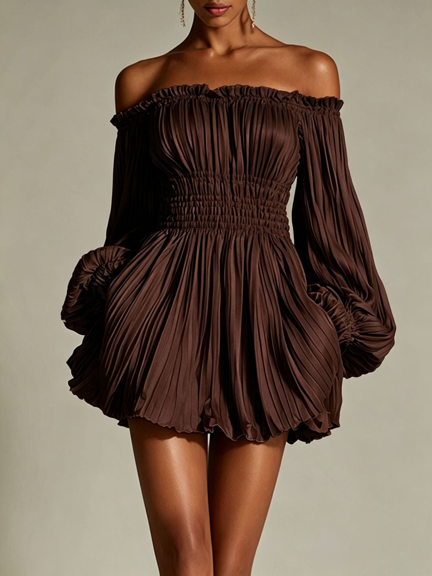Elegant One-Shoulder Pleated Fitted Long Sleeve Dress for Women 