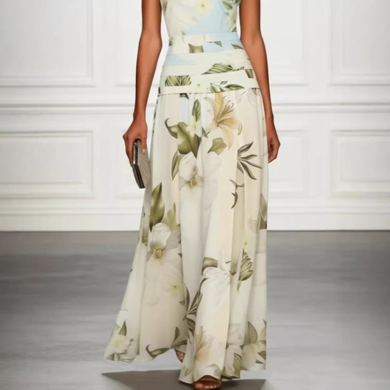 V-neck floral print women's dress sleeveless backless waist cinching long skirt 