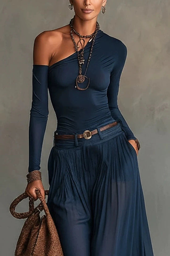 Fashionable Simple Solid Color Asymmetrical Shoulder Long Sleeve Casual Set with Belted Long Dress 