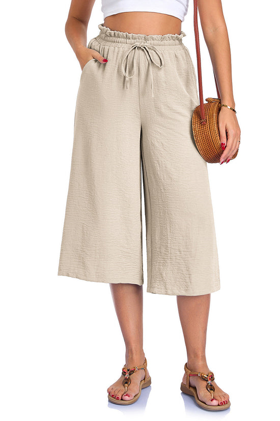 Women's Solid Color All-Match Elastic Cropped Pants Loose Wide-Leg Trousers 