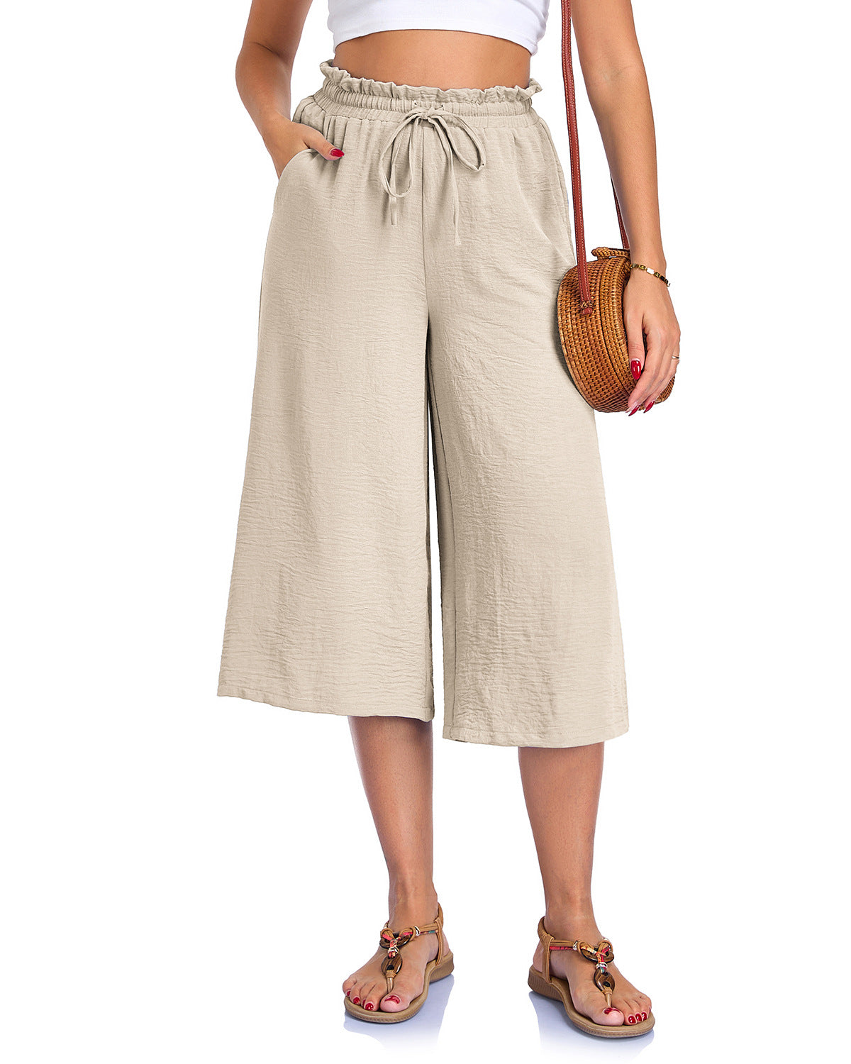 Women's Solid Color All-Match Elastic Cropped Pants Loose Wide-Leg Trousers 