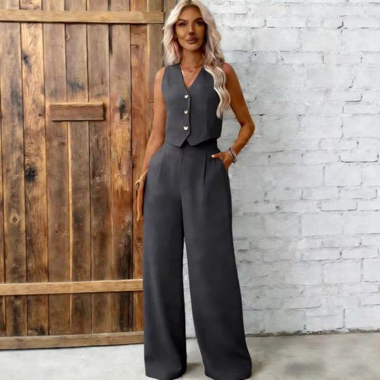 Womens Fashion Plus-Size Buttoned Vest Set 