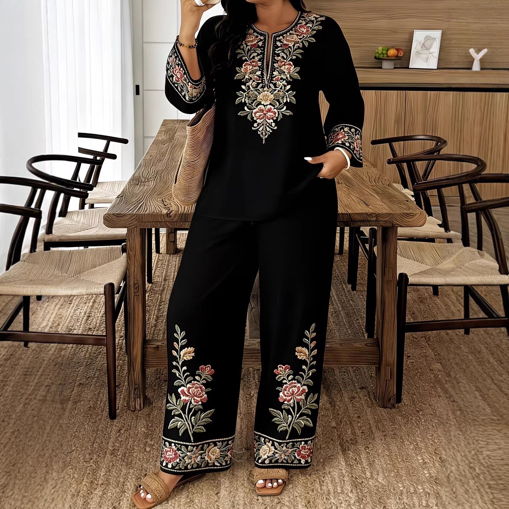 Long-sleeve Lace Floral Long-sleeve Ethnic-style Middle Eastern Set 