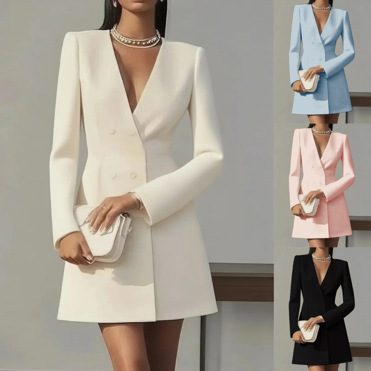 Women's Solid Color Deep V-Neck Dress Button Front A-Line Midi Dress For Formal Occasions CJ US