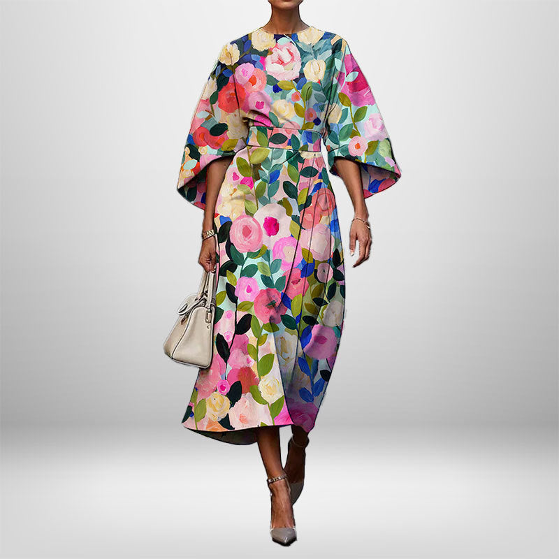 Women's Elegant Fashion Print Round Neck Long Dress 