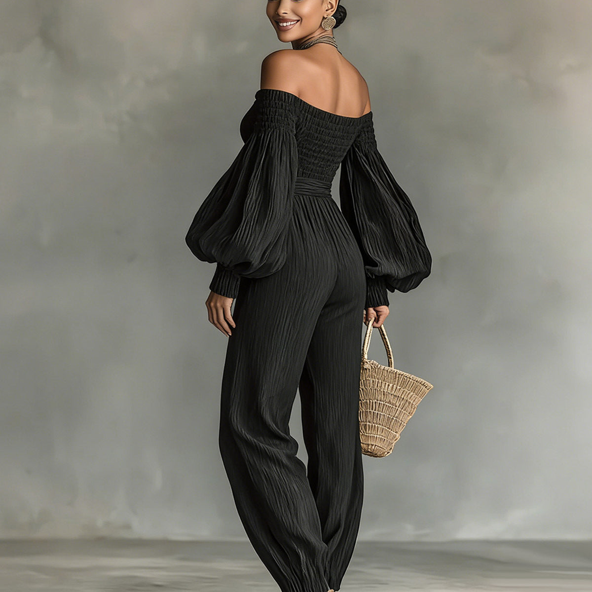 Style Off-Shoulder Lantern Sleeve Pleated Loose Jumpsuit for Women 