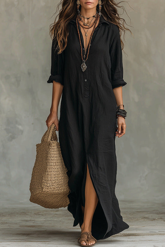 Spring Summer Solid Color Notch Lapel Front Slit Long Dress Casual Shirt Dress Lazy Style 