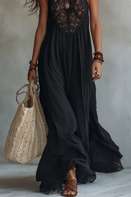 Style Black Lace Trim Sleeveless Long Dress Loose Vacation Style Maxi Dress Lace Dress 