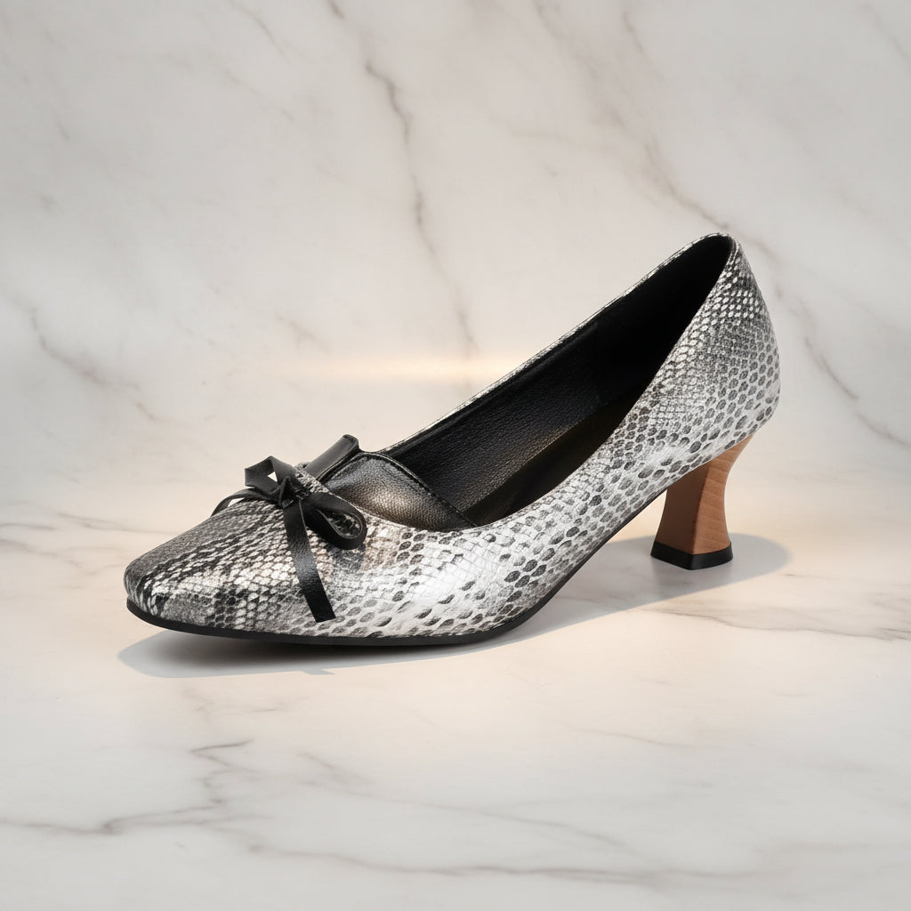Leopard print square toe high-heeled women's retro shallow bow single shoes Made to order, ships in 7 days 