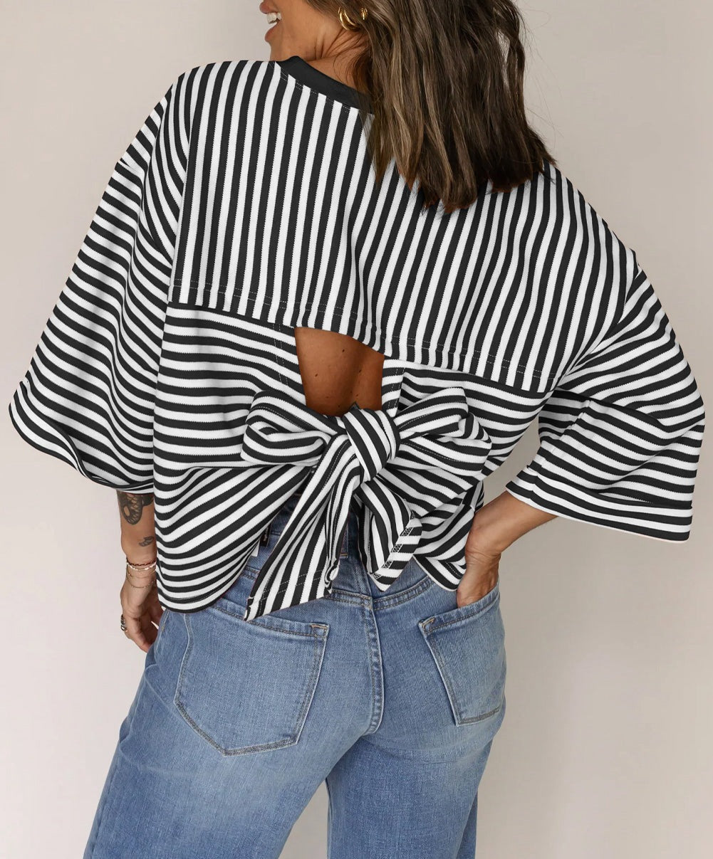 Round neck striped back tie bow pullover top 