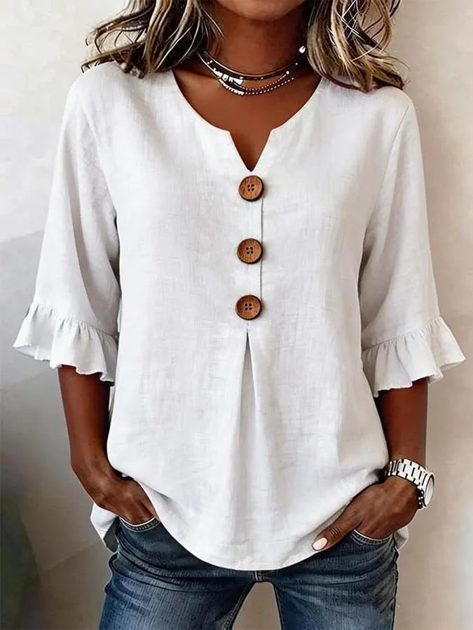 Fashionable Cotton Linen V-Neck Button-Up Blouse for Women Summer Casual Top 