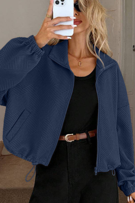 High neck zipper hem drawstring pocket women's loose jacket 