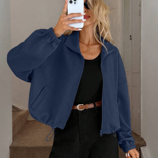High neck zipper hem drawstring pocket women's loose jacket 