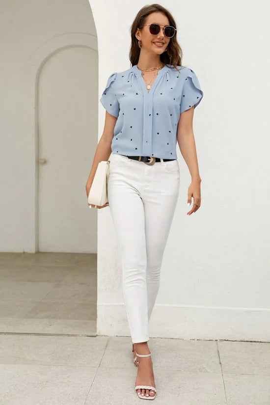 V-neck heart-shaped petal sleeve shirt with elegant women's top 