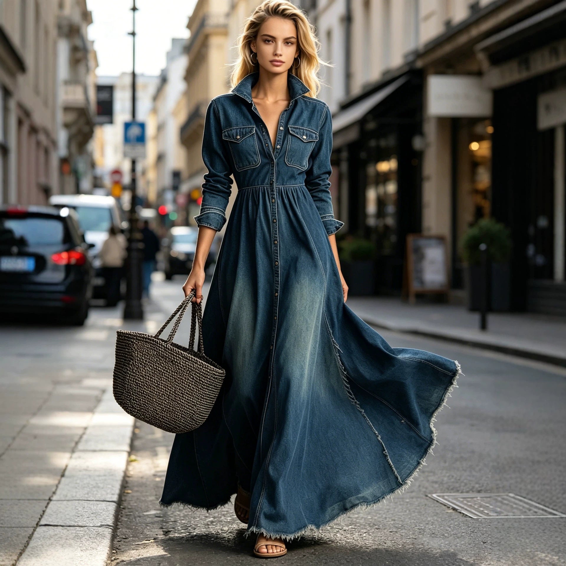 Style Retro Elegant Fitted Long Sleeve Denim Dress with Flared Skirt 