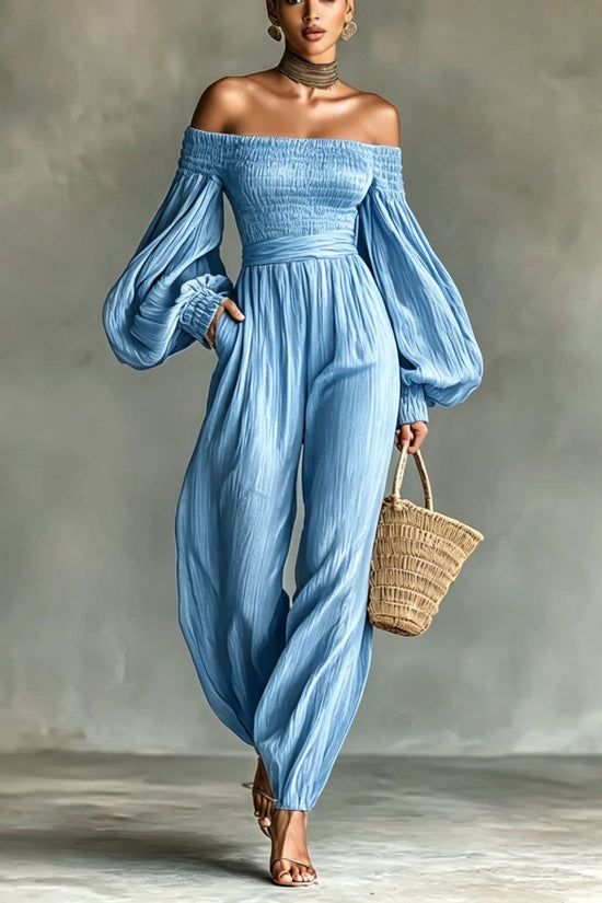 Style Off-Shoulder Lantern Sleeve Pleated Loose Jumpsuit for Women 