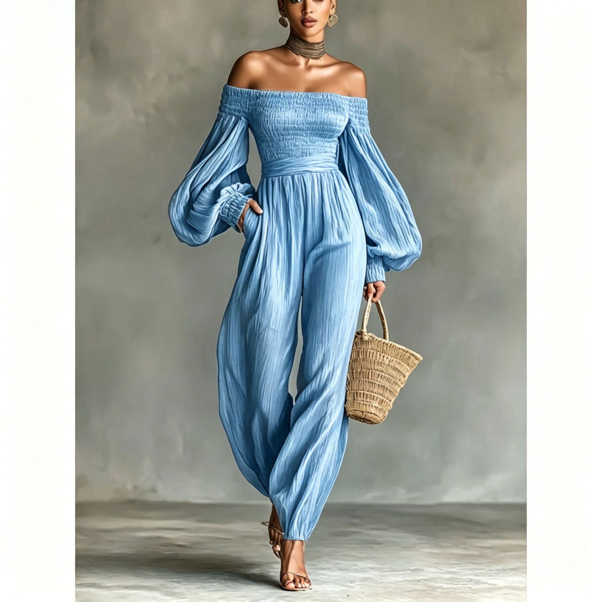 Style Off-Shoulder Lantern Sleeve Pleated Loose Jumpsuit for Women 