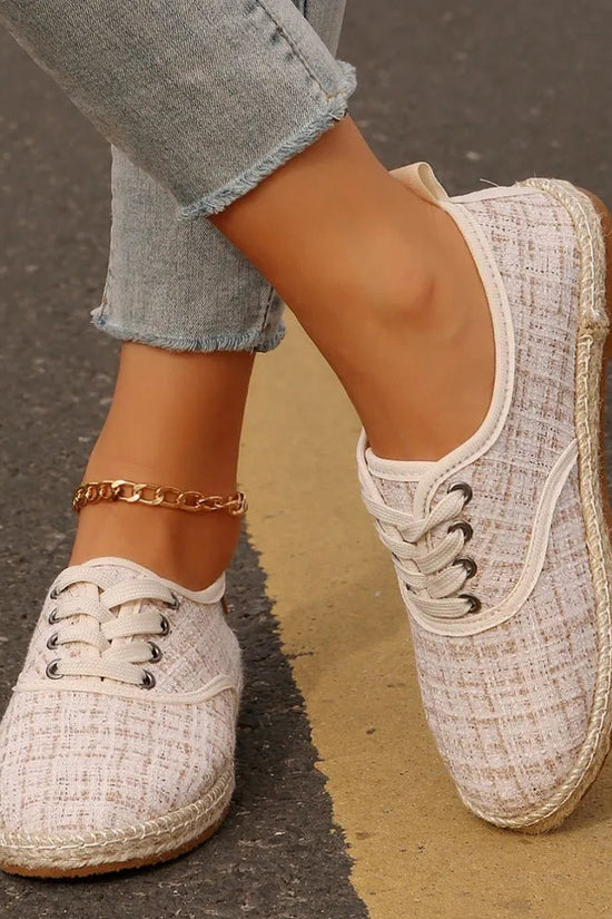Lace Up Round Toe Flats Tweed Sneakers 
