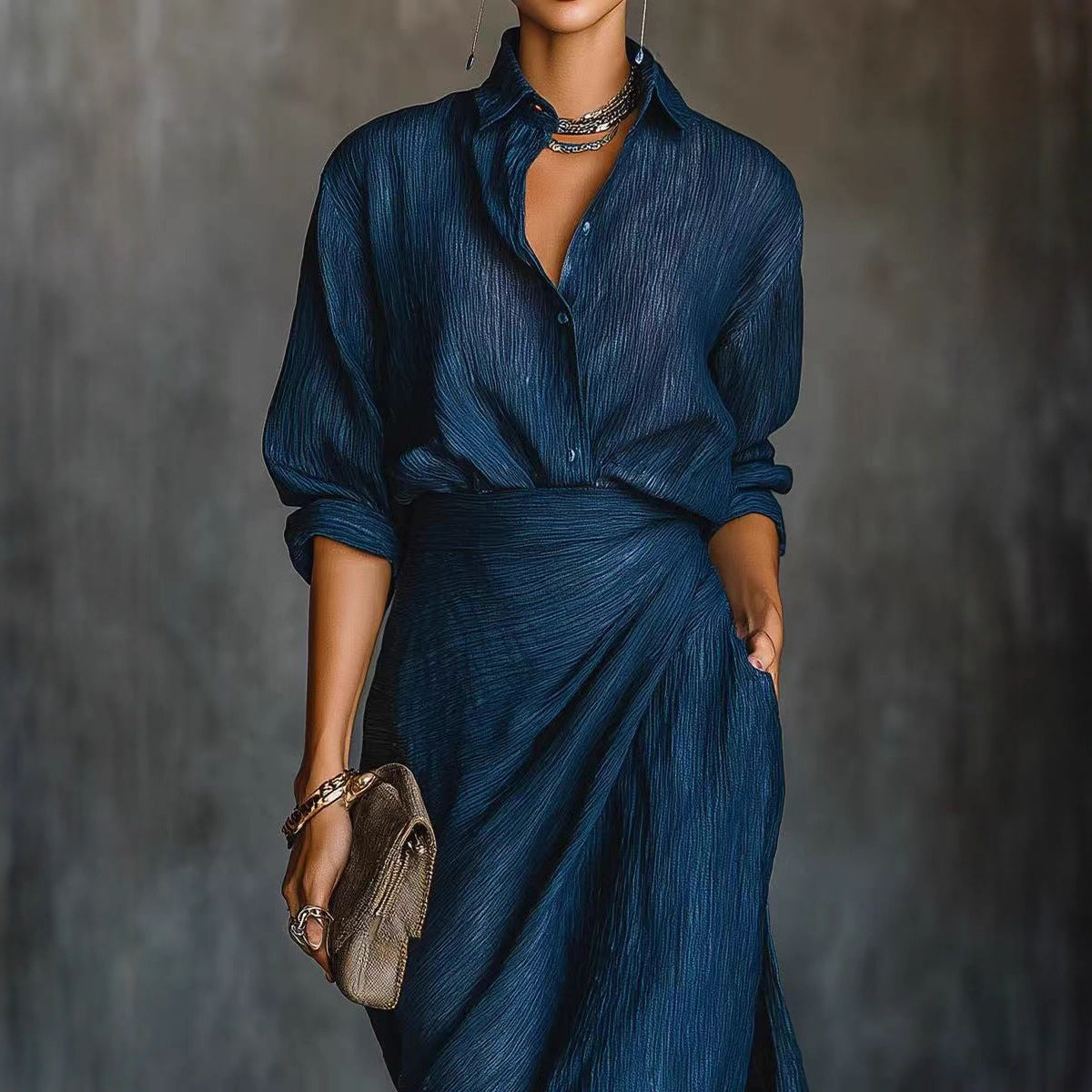 Elegant Chic Sexy Solid Color Irregular Pleated Dress with Belt for Women 