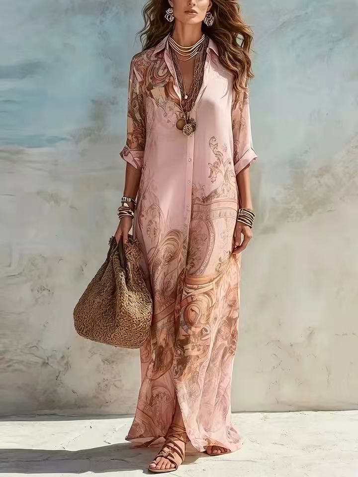 Chiffon Digital Print Fresh Vintage Flowy Women's Dress 