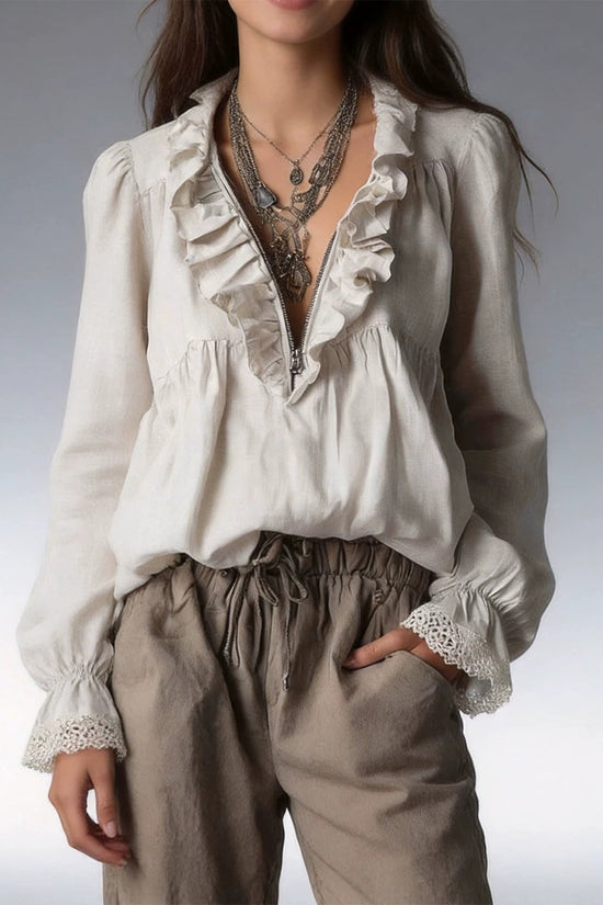 Lotus leaf edge half zipper V-neck lace flared sleeve long sleeved top 