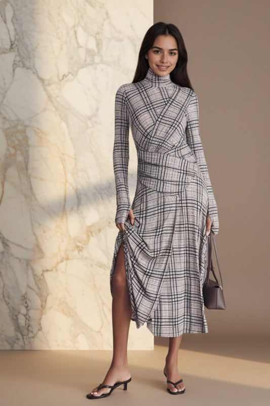 Stand up collar long sleeved plaid pleated dress 