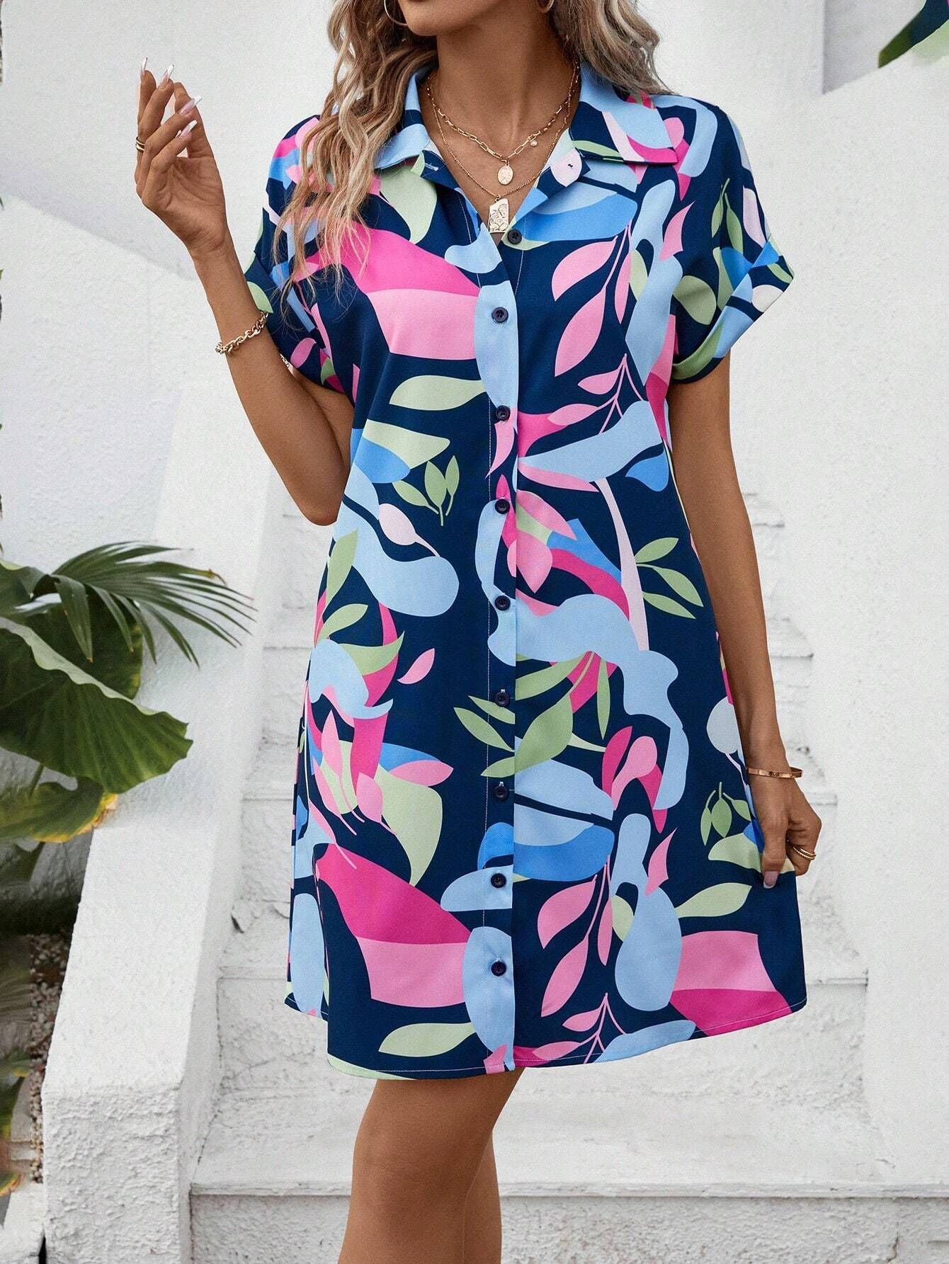 Summer New Fashion Colorful Floral Printed Open Front Short Sleeve Shirt Dress 