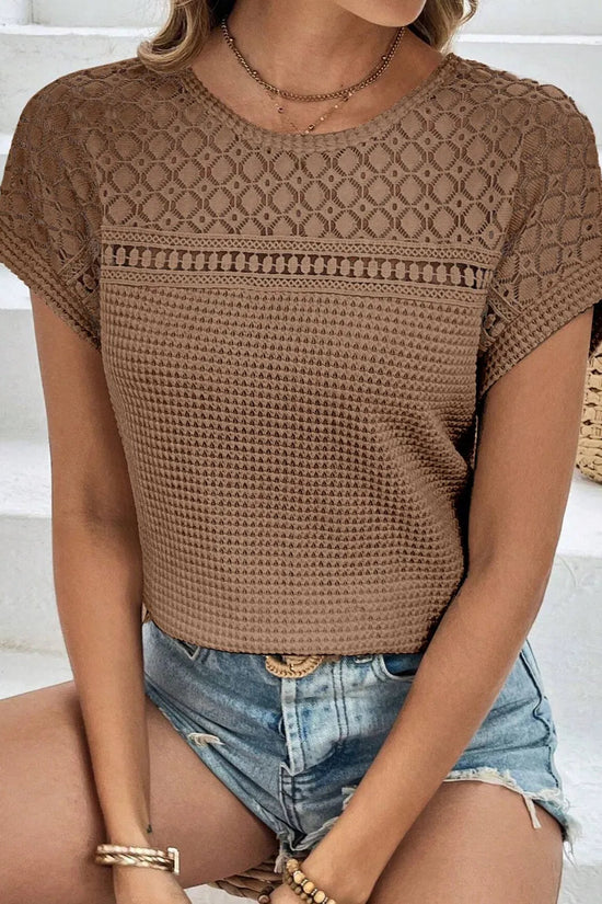 Waffle-Knit Round Neck Short Sleeve Top 
