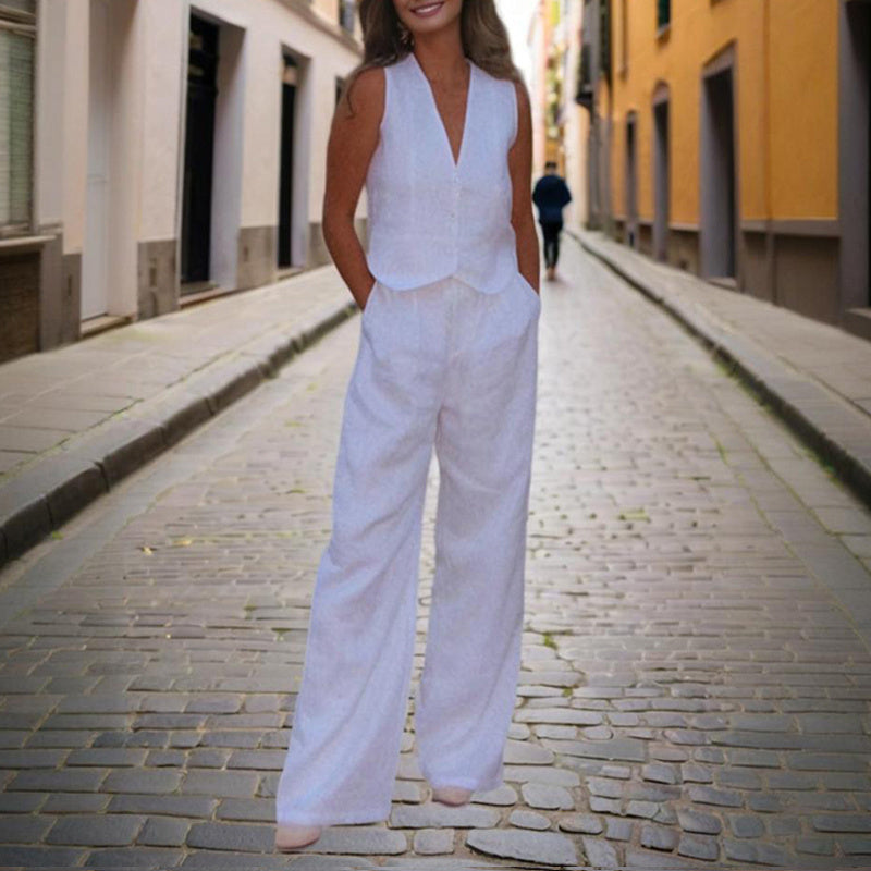 Women’s V‑Neck Button‑Front Vest & High‑Waist Pants Set CJ US