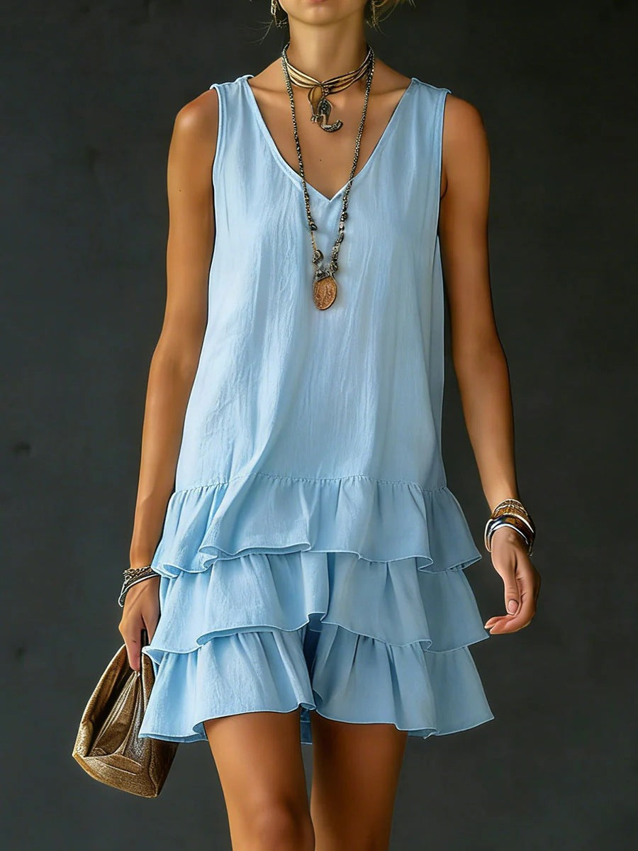 V-neck Cotton-linen Womens Fashionable Sleeveless Dress 