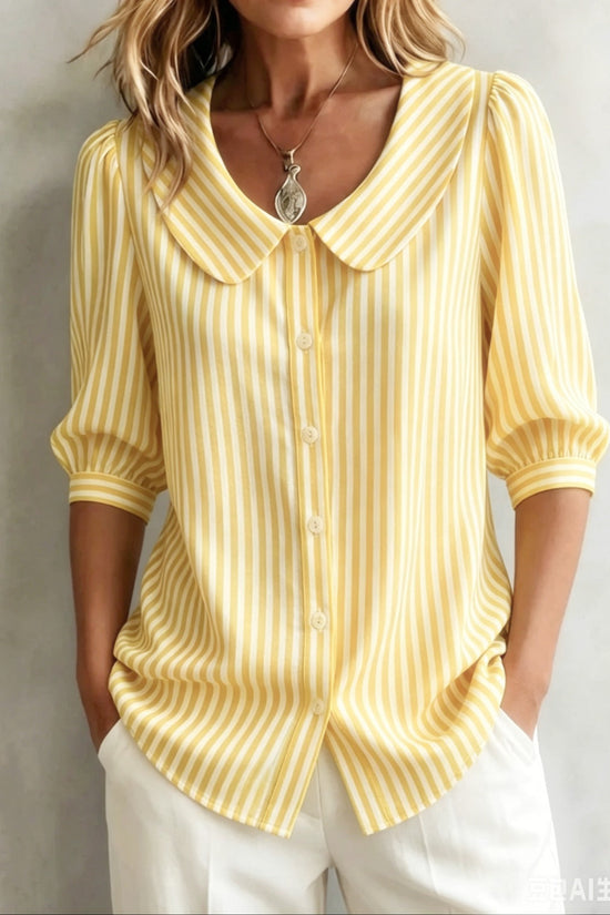 Striped V-Neck Top – Three-Quarter Sleeve Casual Shirt 