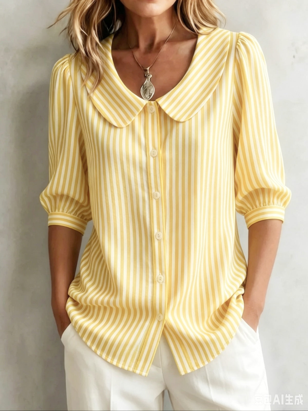 Striped V-Neck Top – Three-Quarter Sleeve Casual Shirt 