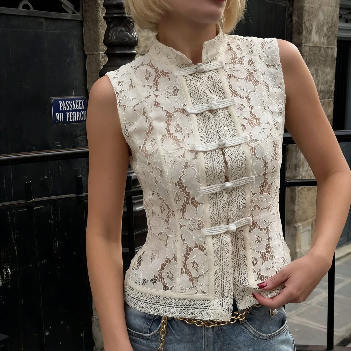 Fashionable Lace Crochet Stand Collar Slim-fit Sleeveless Shirt 