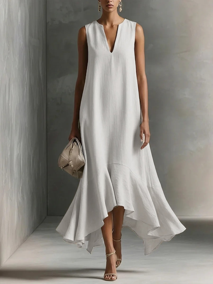 New Stylish Deep V-Neck Sleeveless Elegant Asymmetrical Hemline Dress 