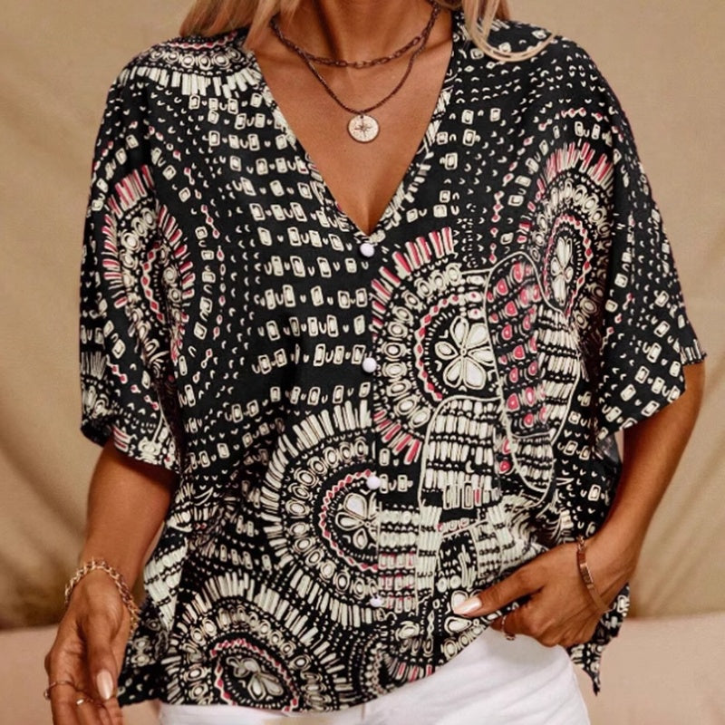 Mandala Print V-Neck Blouse – Casual Vacation Top CJ US
