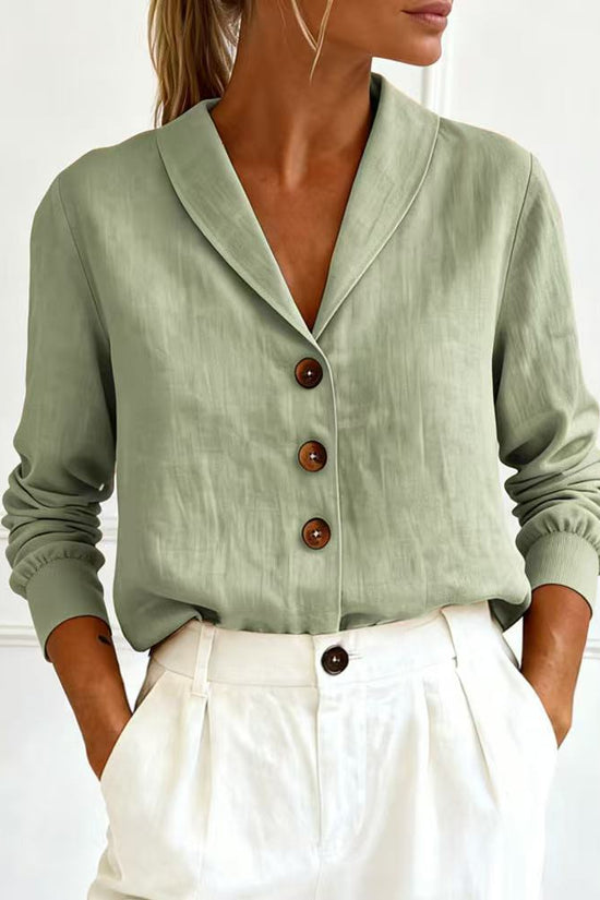 Fashionable Cotton-Linen Long-Sleeve Peter Pan Collar Button-Up Shirt 