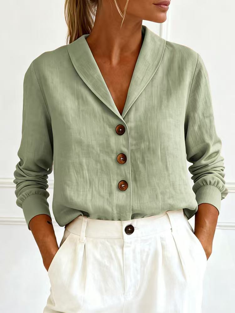 Fashionable Cotton-Linen Long-Sleeve Peter Pan Collar Button-Up Shirt 