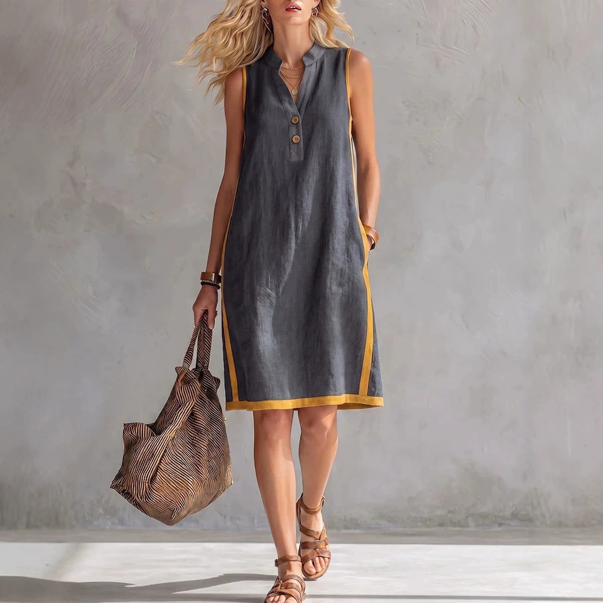 Sleeveless V-neck Pocketed Button Casual Dress 