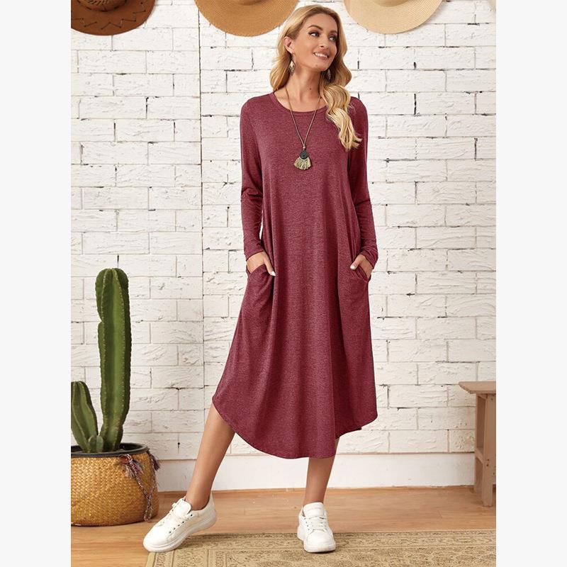 Womens Solid-Color Casual Long-Sleeve Dress 