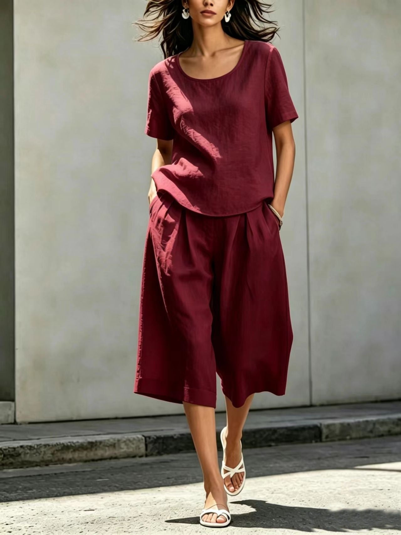 Cotton-linen Casual Loose-fitting Short-sleeve Top And Shorts Set 