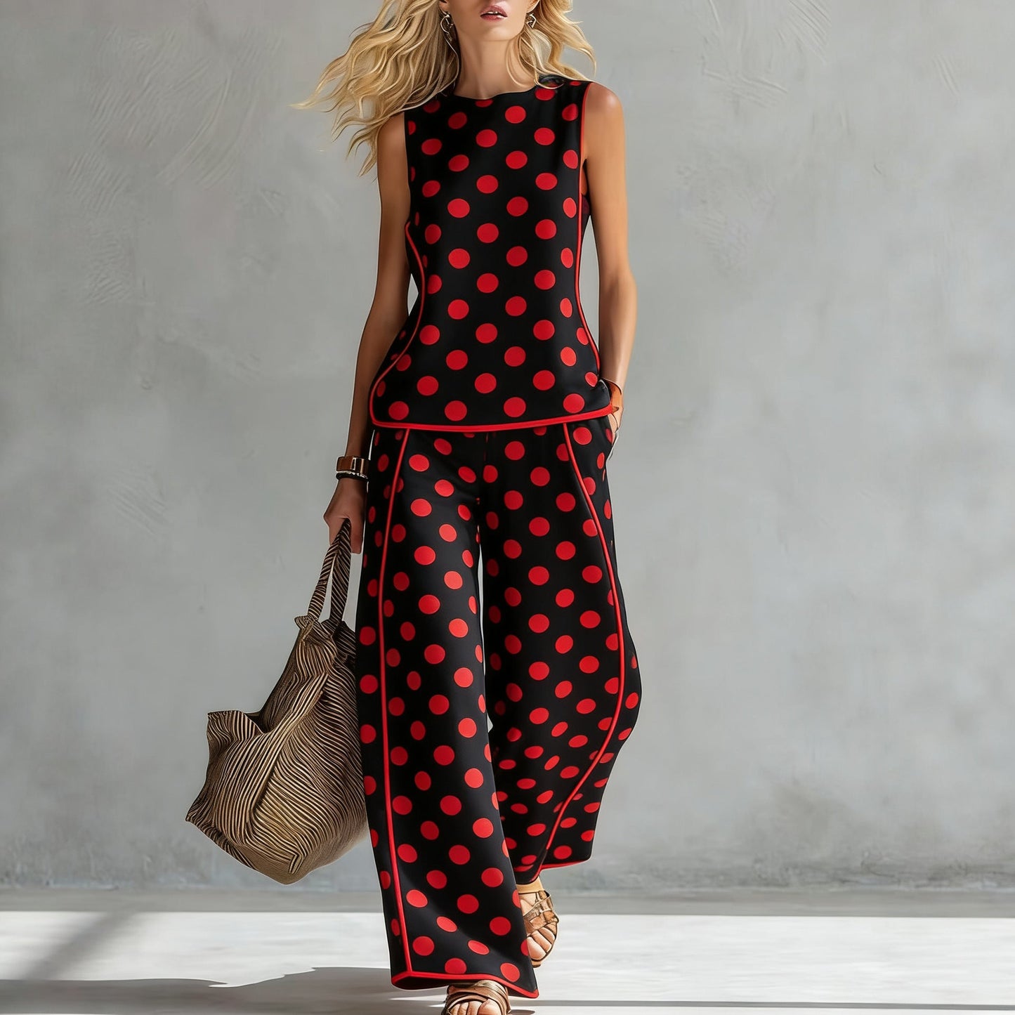Women's Casual Sleeveless Printed Wide-Leg Pants Two-Piece Set 