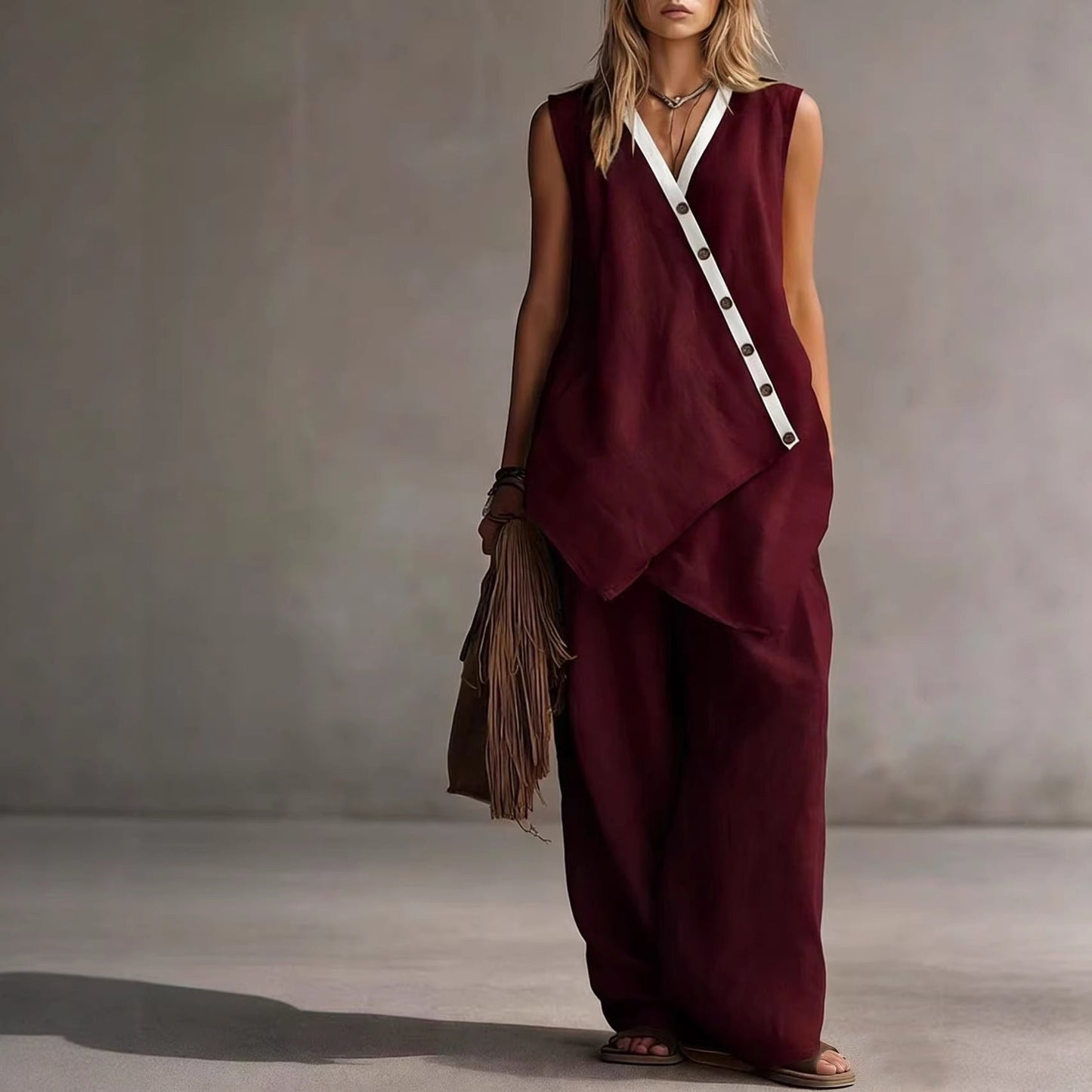 Bohemian Solid-Colored V-Neck Irregular-Button Vest And Wide-Leg Pants Set 