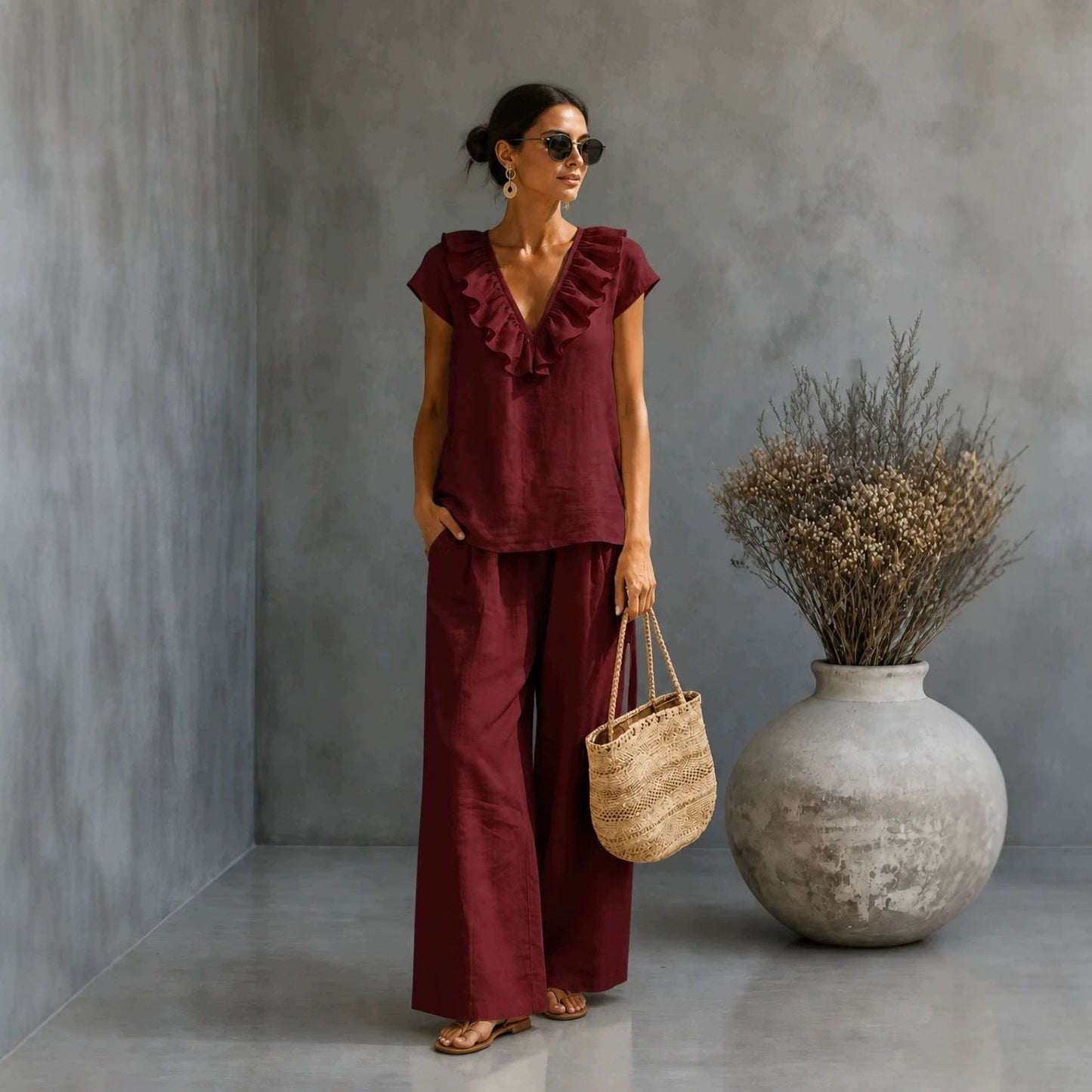 Women's V-neck Ruffled Hem Wide-leg Pants Set 
