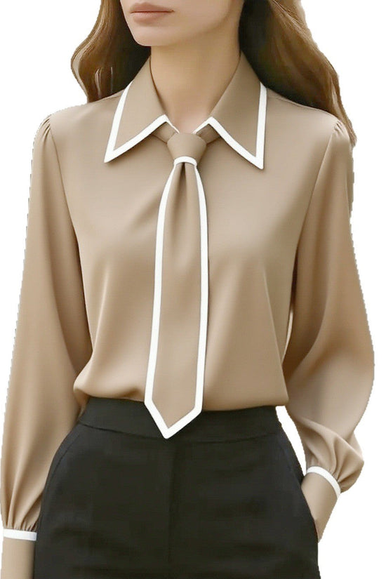 Autumn Fashion Solid Color Commute Tie Design Long Sleeve Shirt Women's Clothing 