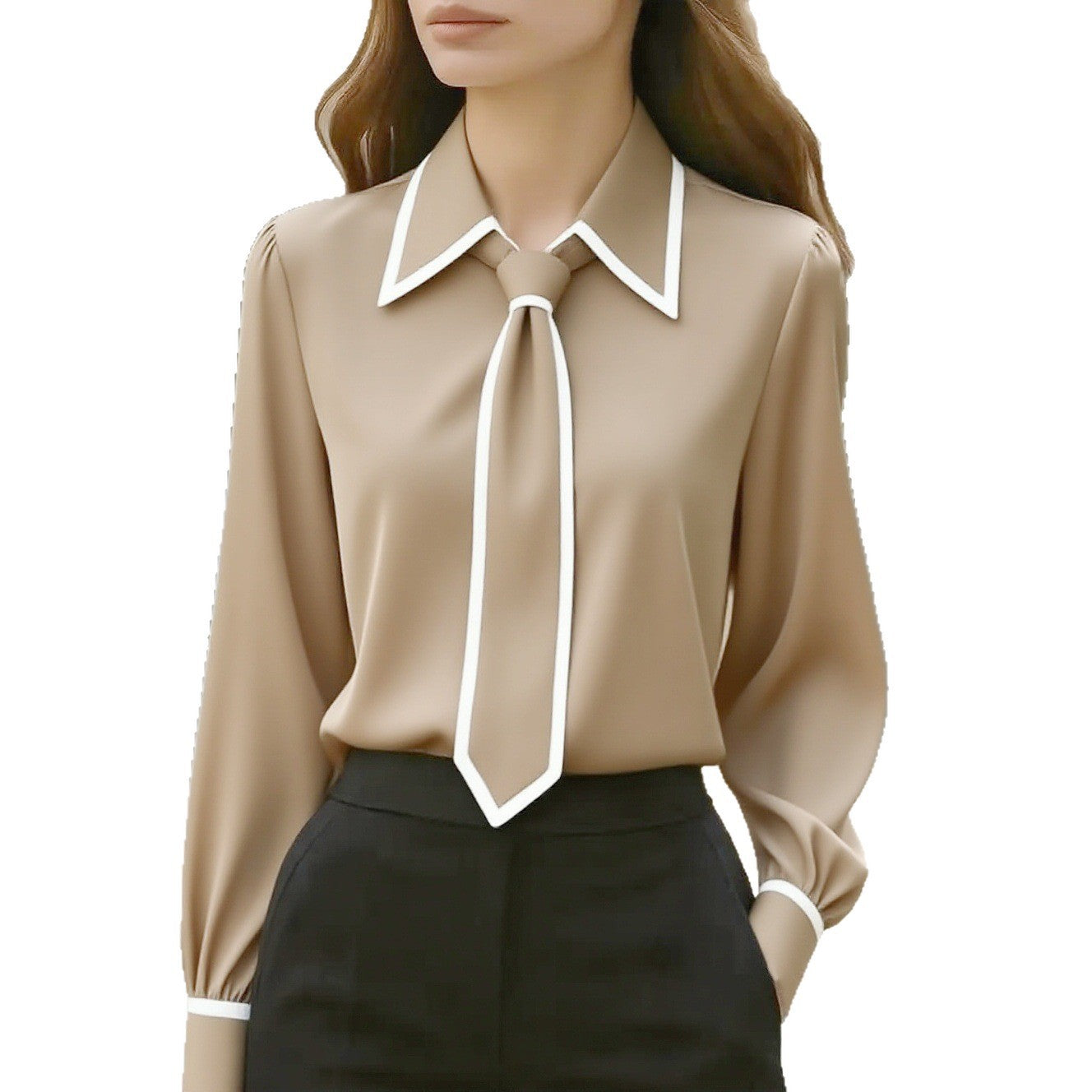 Autumn Fashion Solid Color Commute Tie Design Long Sleeve Shirt Women's Clothing 