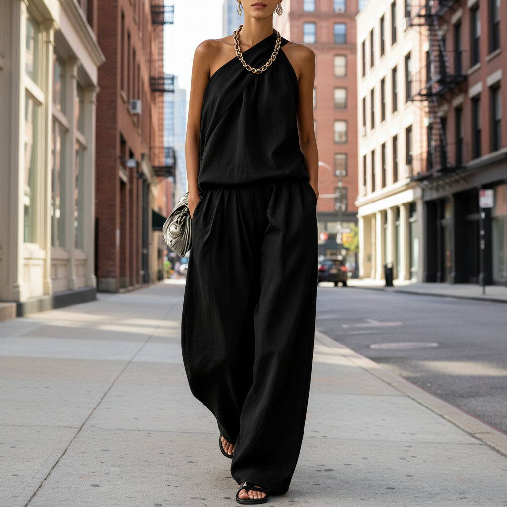 Cotton-linen Sleeveless Double-layer Top And Wide-leg Pants Set 