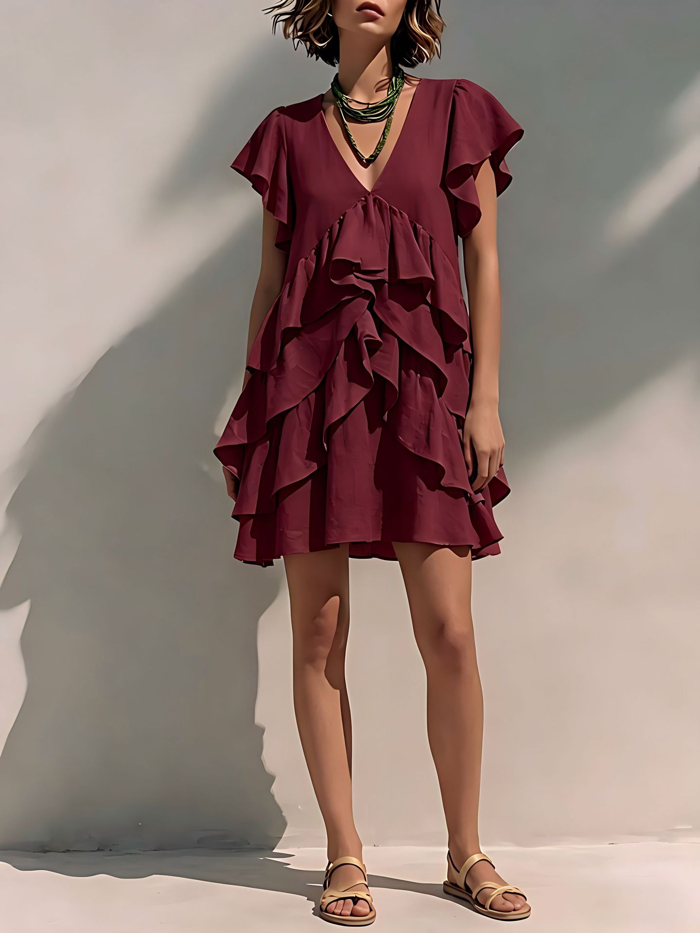 Women's V-Neck Ruffled-Edge Short-Sleeve Casual Loose Dress 