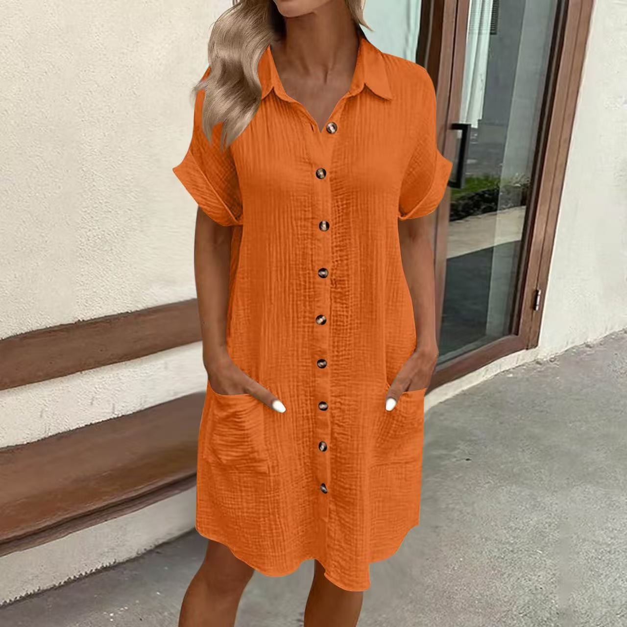 Casual Solid-Color Single-Breasted Mid-Length Short-Sleeve Dress 