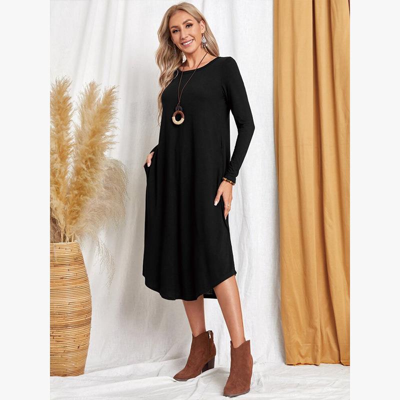 Womens Solid-Color Casual Long-Sleeve Dress 